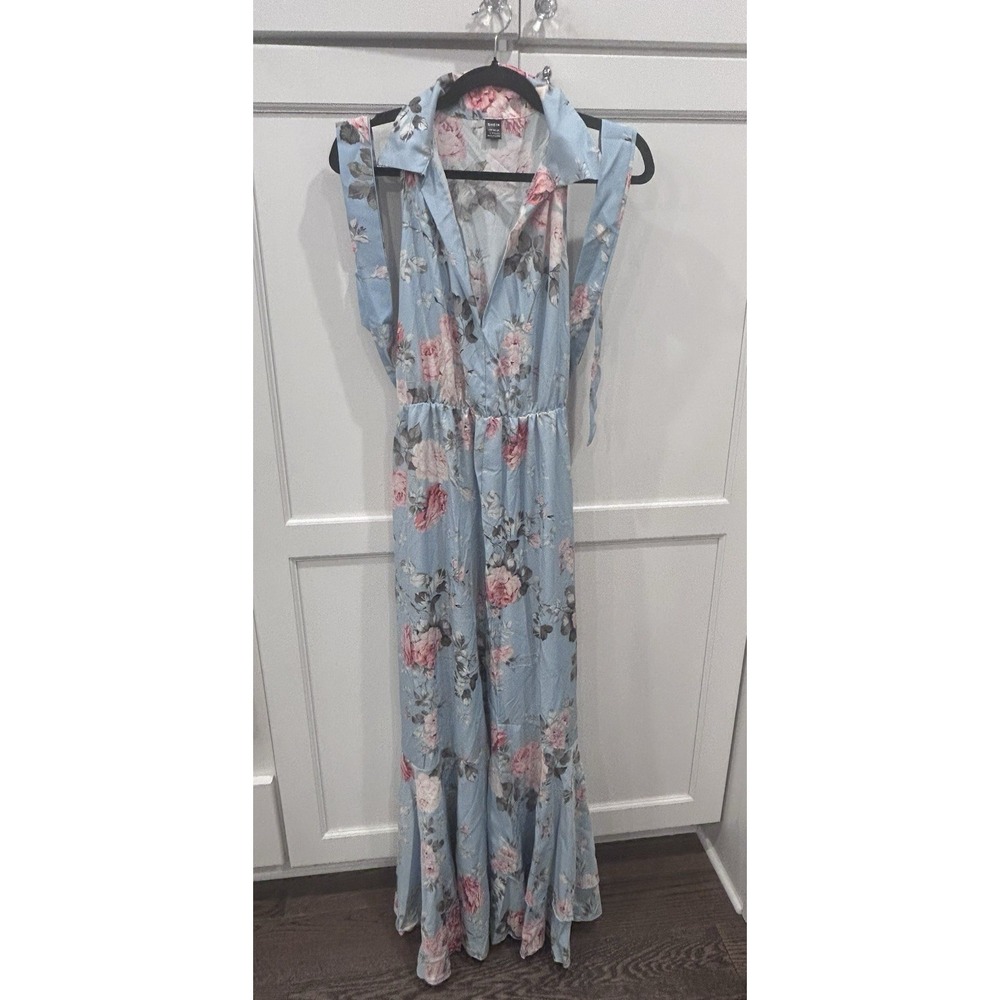 SHEIN Women's Blue Pink Floral V-Neck Sleveless Long Flowy Dress Size Large